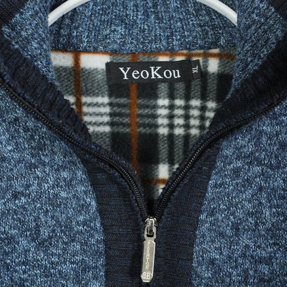 YeoKou Mens Cashmere Wool Blend Full Zip Cardigan Sweater Blue Plaid Lined XL - Picture 3 of 10